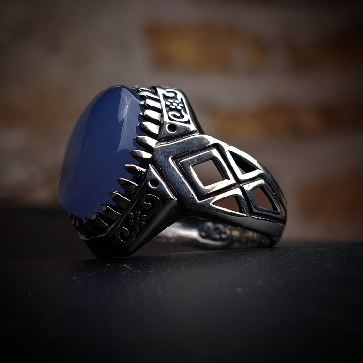 خرید انگشتر مردانه طرح صفوی لاکچری سنگ عقیق کبود یمن گالری نقره بقیع