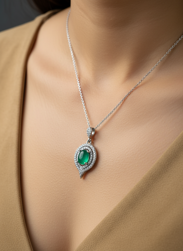 گردنبند نقره زنانه سنگ عقیق سبز آبکاری رادیوم