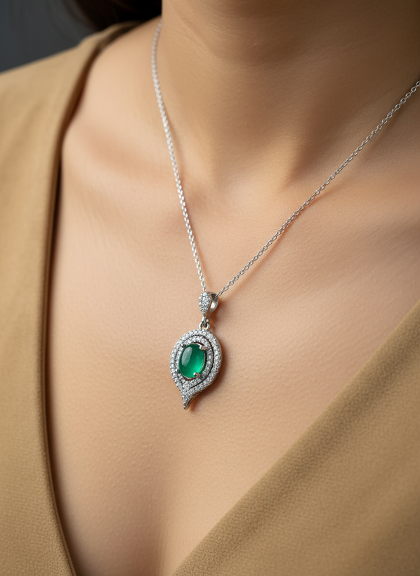 گردنبند نقره زنانه سنگ عقیق سبز آبکاری رادیوم