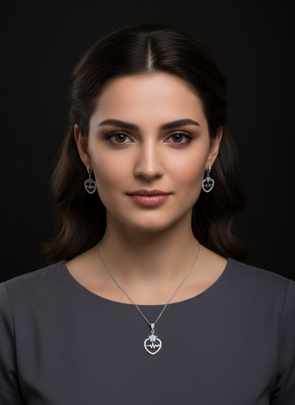 خرید نیم ست نقره زنانه طرح قلب و ضربان عیار 925 آبکاری رادیوم