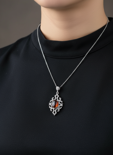 خرید گردنبند نقره زنانه عیار ۹۲۵ آبکاری رادیوم سنگ عقیق یمن گالری نقره بقیع