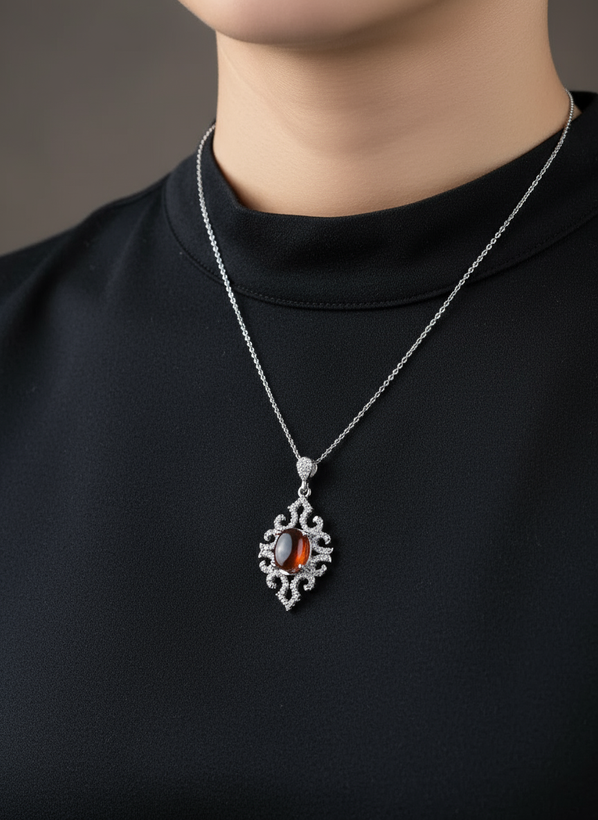 خرید گردنبند نقره زنانه عیار ۹۲۵ آبکاری رادیوم سنگ عقیق یمن گالری نقره بقیع