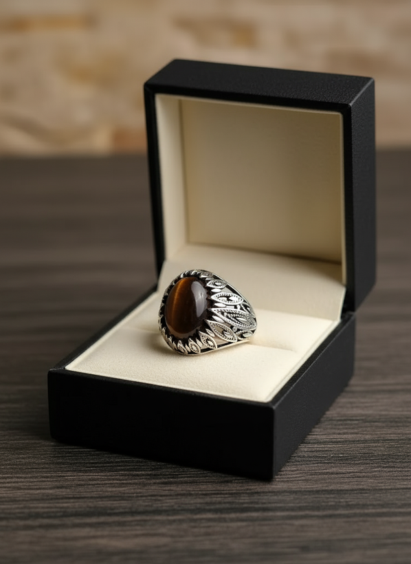 انگشتر مردانه طرح رکاب فیلی شبکهای سنگ چشم ببر