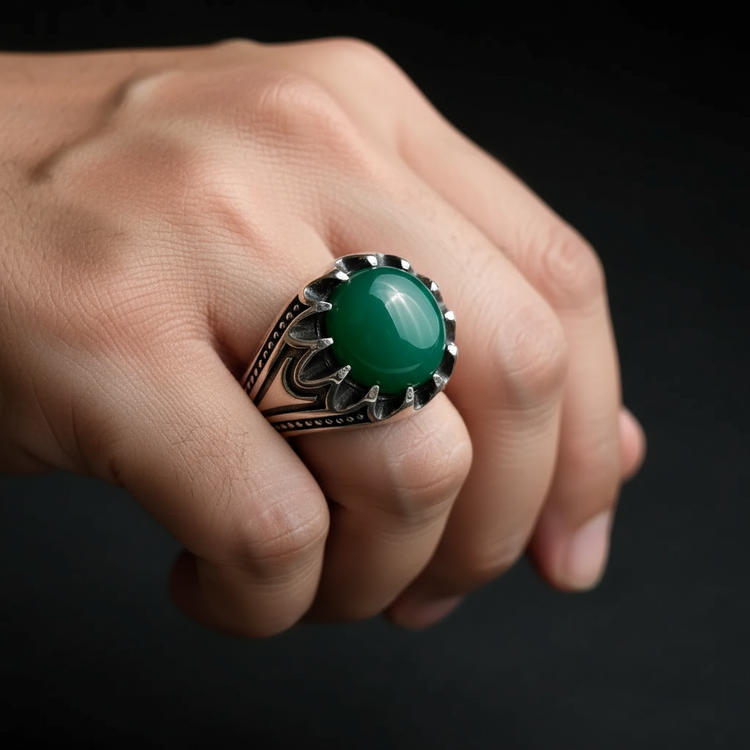 خرید انگشتر نقره مردانه عقیق سبز خوش رنگ