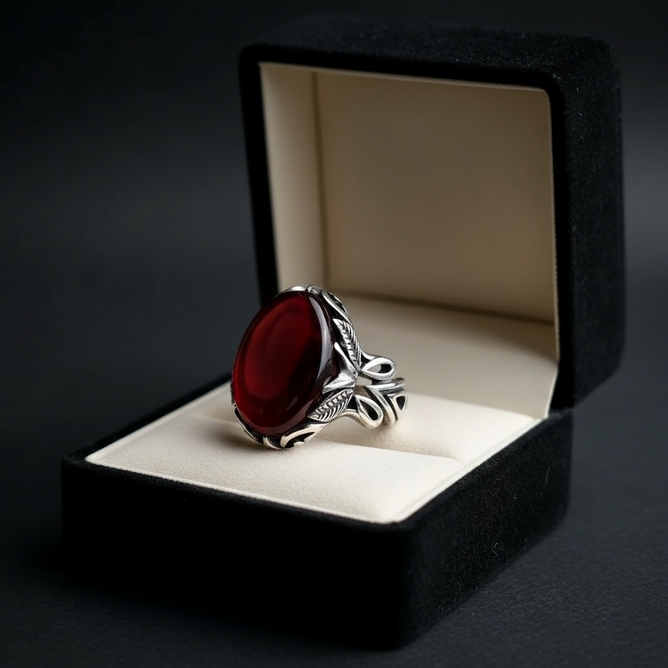 انگشتر نقره مردانه طرح برگ با عقیق سرخ