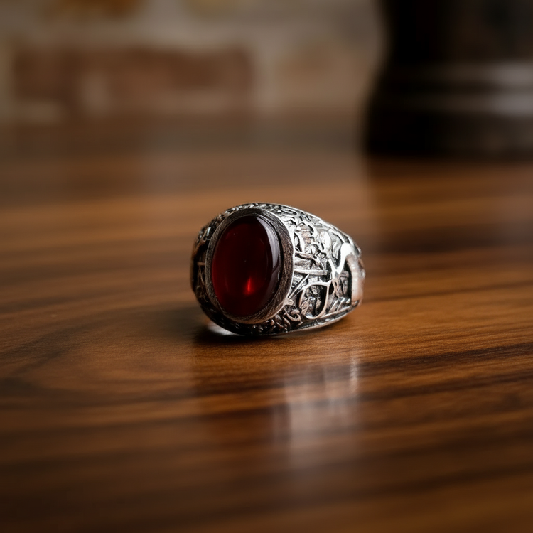 خرید انگشتر نقره مردانه طرح فیلی با عقیق سرخ