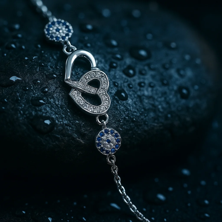 دستبند نقره زنانه طرح دو قلب و چشم نظر