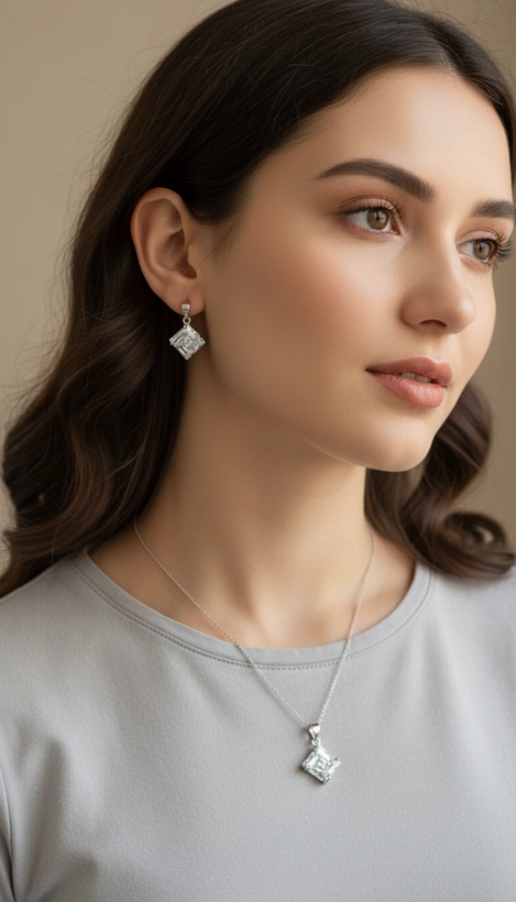 نیم ست نقره زنانه طرح مربع شیشه ای