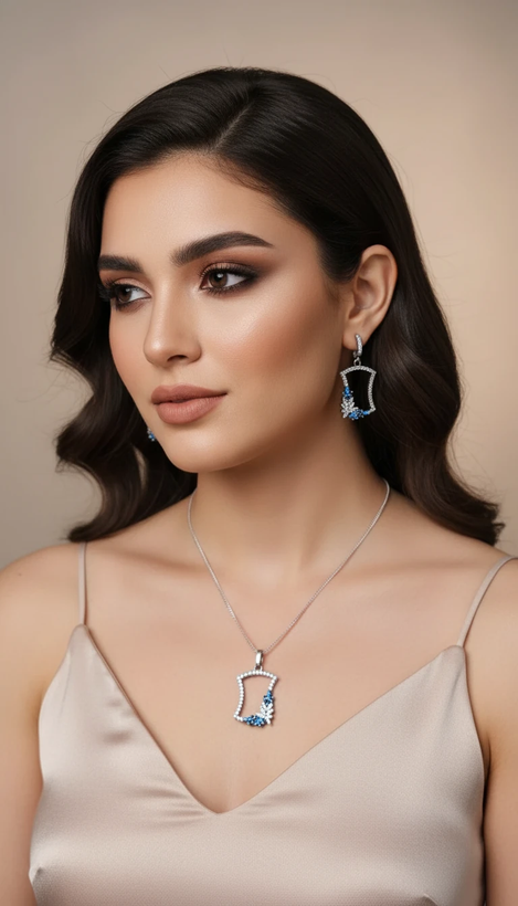 نیم ست نقره طرح مستطیل نگین کاری شده