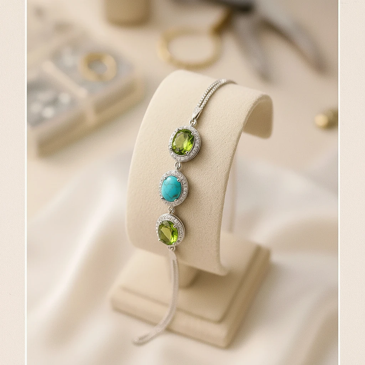 خرید دستبند سه نگینه ترکیب زبرجد و فیروزه زنانه از گالری نقره بقیع