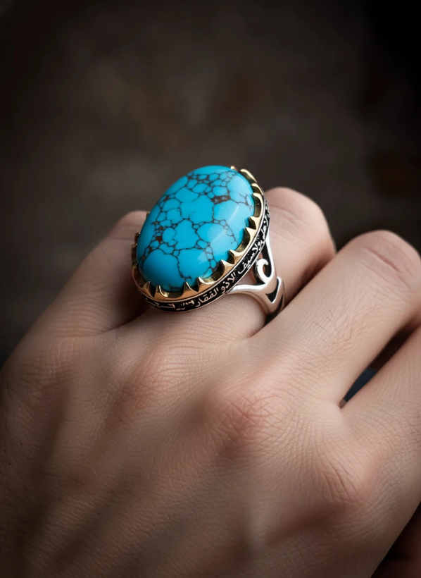 خرید انگشتر مردانه سنگ فیروزه نیشابور از گالری نقره بقیع