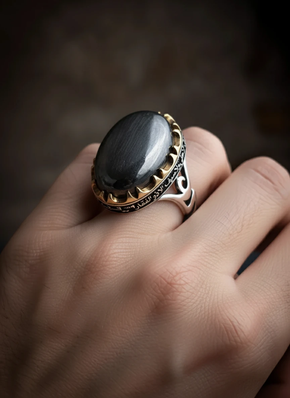 خرید انگشتر مردانه سنگ حدید صینی منقوش به 7 جلاله از گالری نقره بقیع