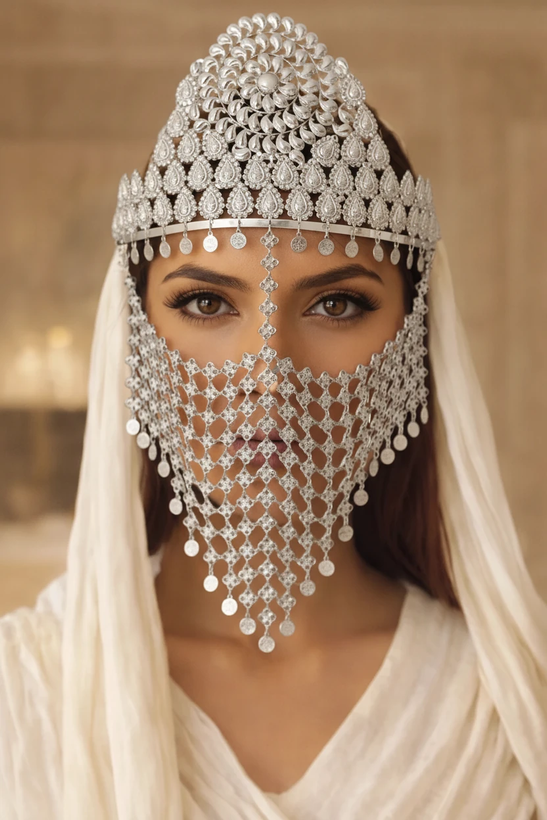 تاج نقره عروس با طراحی سنتی، تزئین شده با آویزهای ظریف و تور سفید مجلسی