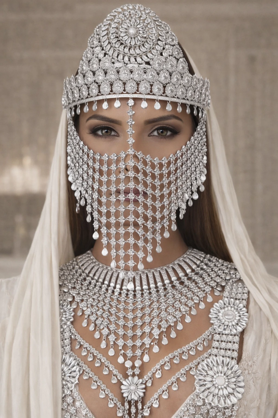 ست زیورآلات عروس نقره دستساز شامل تاج، گردنبند چندلایه و تزیینات سنتی با نگین براق
