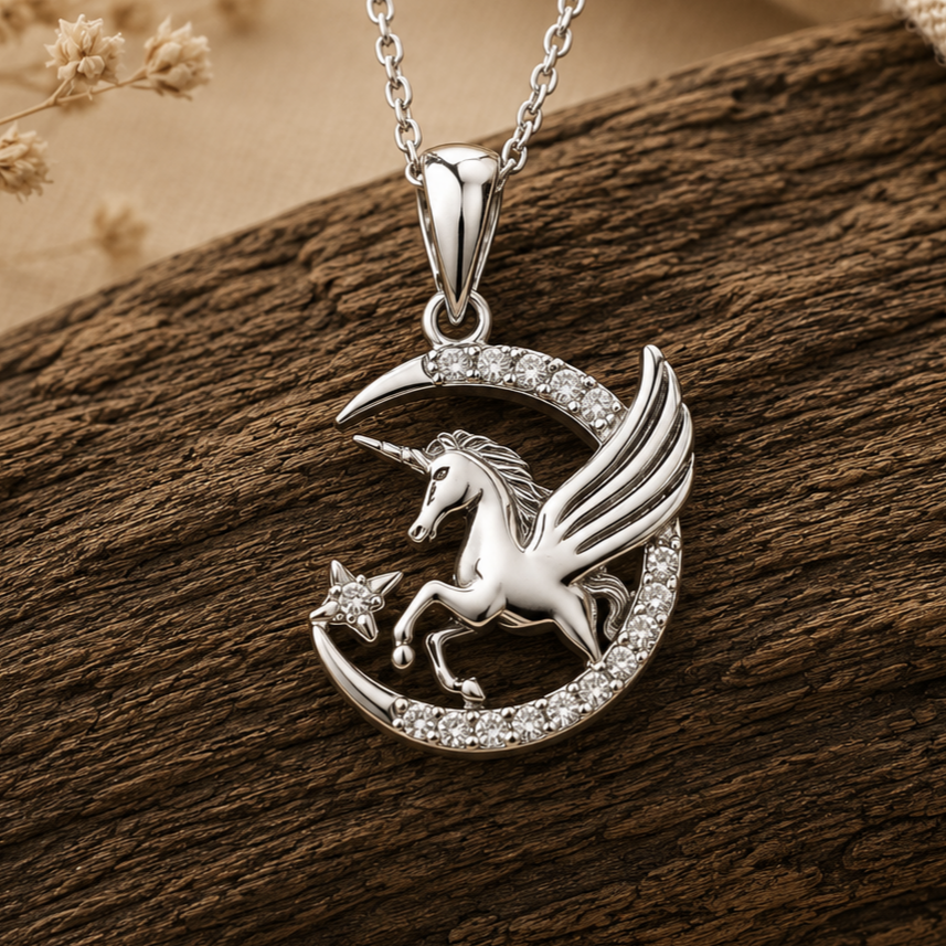 گردنبند نقره ۹۲۵ یونیکورن و ماه نگین‌دار 🦄🌙✨