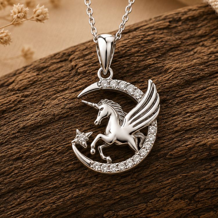 گردنبند نقره ۹۲۵ یونیکورن و ماه نگیندار 🦄🌙✨