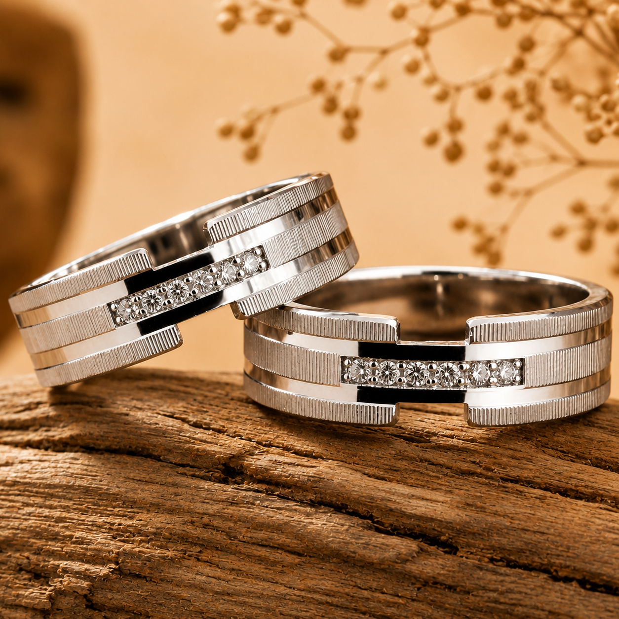 حلقه ست نقره مدل آریو | حلقه ازدواج نقره نگین‌دار با طراحی مدرن شیار‌دار 💍✨