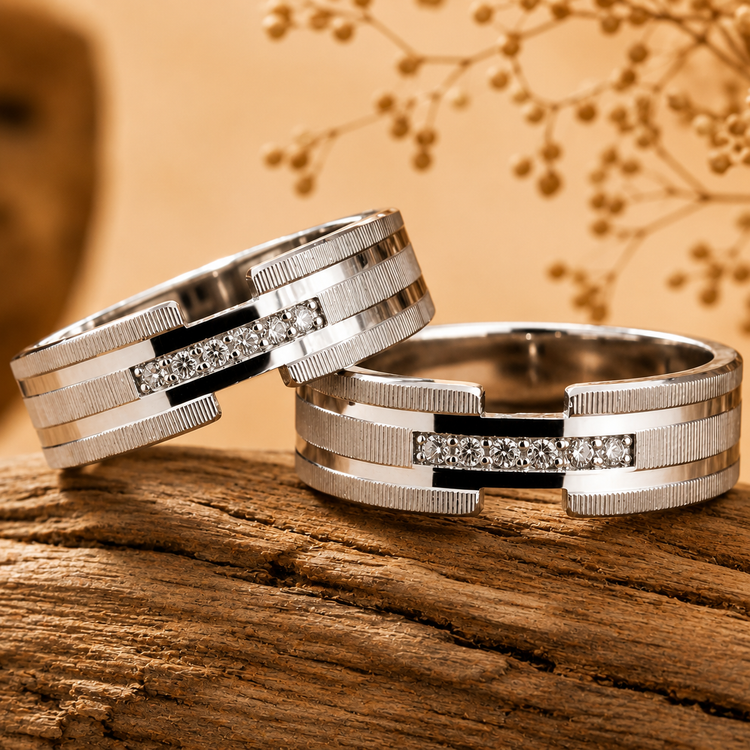 حلقه ست نقره مدل آریو | حلقه ازدواج نقره نگیندار با طراحی مدرن شیاردار 💍✨