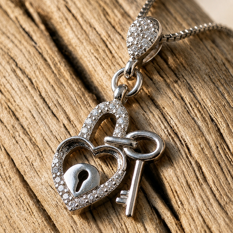 گردنبند نقره زنانه جواهری طرح قفل و کلید عشق